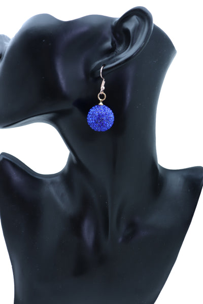Brand New Women Earrings Set Hook Fashion Jewelry 80's Disco Mini Blue Color Bling Ball