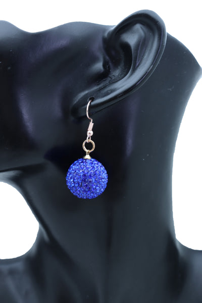 Brand New Women Earrings Set Hook Fashion Jewelry 80's Disco Mini Blue Color Bling Ball