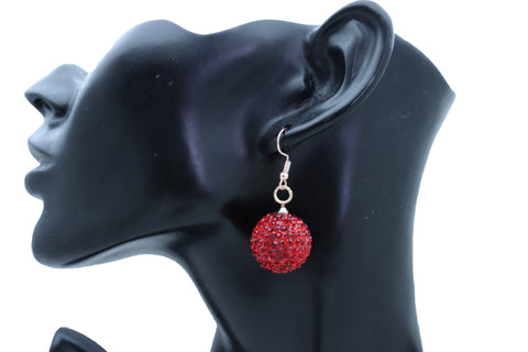 Brand New Women Earrings Set Hook Fashion Jewelry 80's Disco Mini Hot Red Color Bling Ball