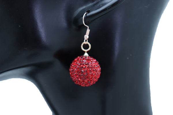 Brand New Women Earrings Set Hook Fashion Jewelry 80's Disco Mini Hot Red Color Bling Ball