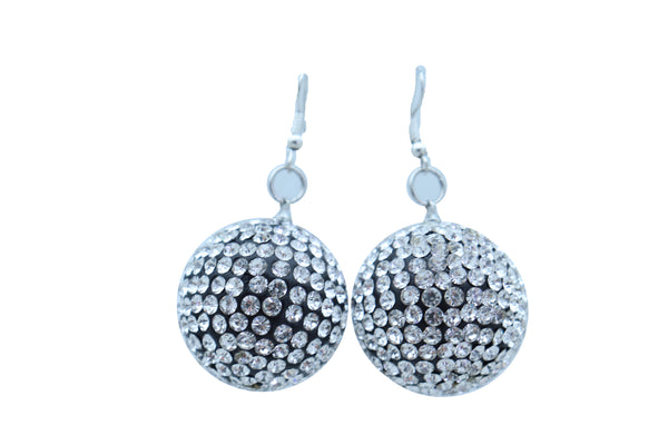 Women Hook Earrings Set Fashion Silver Disco Ball Bling Fun 80's Fashion Jewelry