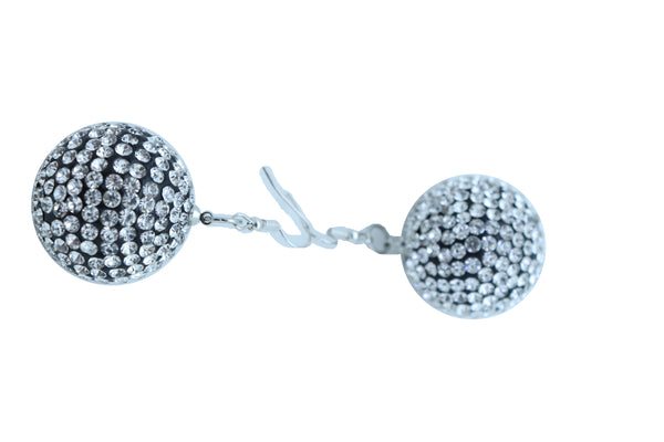 Women Hook Earrings Set Fashion Silver Disco Ball Bling Fun 80's Fashion Jewelry