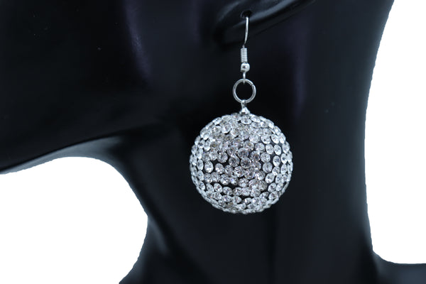 Women Hook Earrings Set Fashion Silver Disco Ball Bling Fun 80's Fashion Jewelry