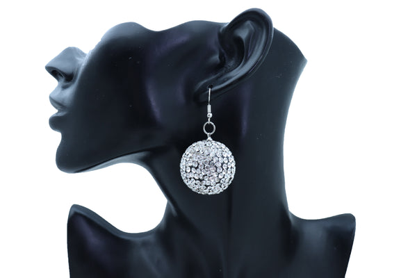 Women Hook Earrings Set Fashion Silver Disco Ball Bling Fun 80's Fashion Jewelry