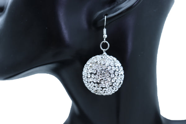 Women Hook Earrings Set Fashion Silver Disco Ball Bling Fun 80's Fashion Jewelry