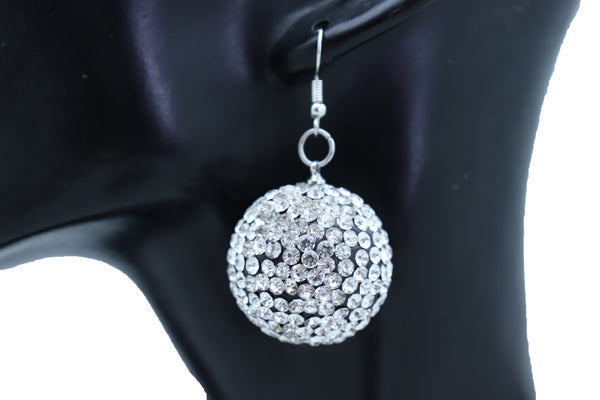Women Hook Earrings Set Fashion Silver Disco Ball Bling Fun 80's Fashion Jewelry