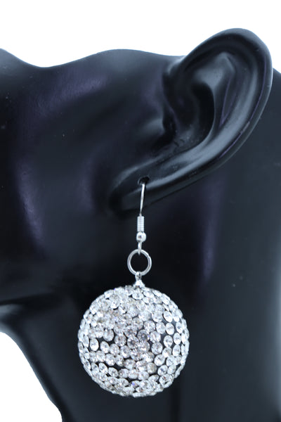Women Hook Earrings Set Fashion Silver Disco Ball Bling Fun 80's Fashion Jewelry