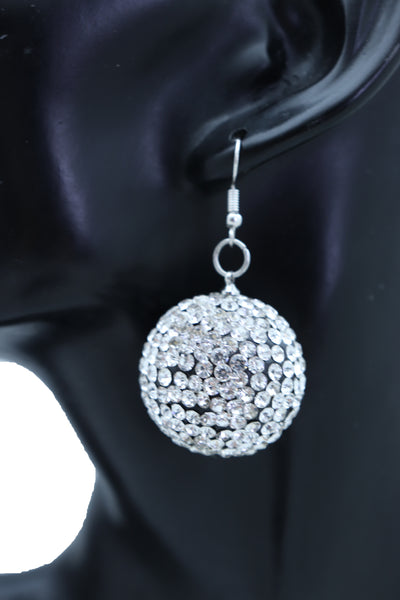 Women Hook Earrings Set Fashion Silver Disco Ball Bling Fun 80's Fashion Jewelry