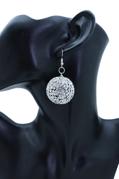 Women Hook Earrings Set Fashion Silver Disco Ball Bling Fun 80's Fashion Jewelry
