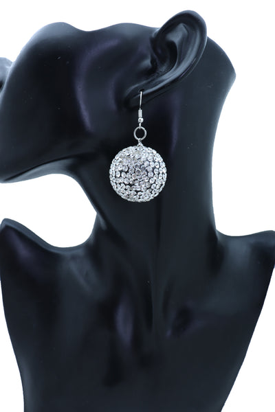 Women Hook Earrings Set Fashion Silver Disco Ball Bling Fun 80's Fashion Jewelry