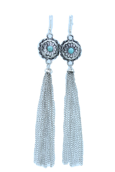 Women Earrings Set Fashion Jewelry Long Silver Metal Tassel Chains Flower Charm Turquoise Blue Bead