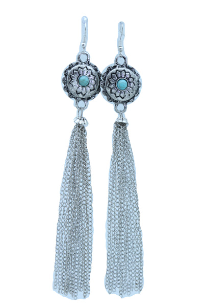 Women Earrings Set Fashion Jewelry Long Silver Metal Tassel Chains Flower Charm Turquoise Blue Bead