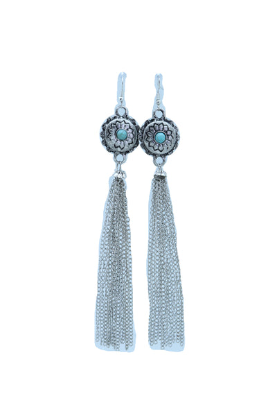 Women Earrings Set Fashion Jewelry Long Silver Metal Tassel Chains Flower Charm Turquoise Blue Bead
