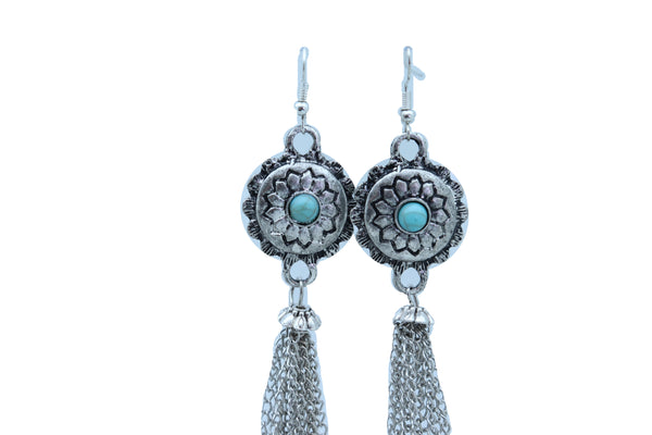 Women Earrings Set Fashion Jewelry Long Silver Metal Tassel Chains Flower Charm Turquoise Blue Bead