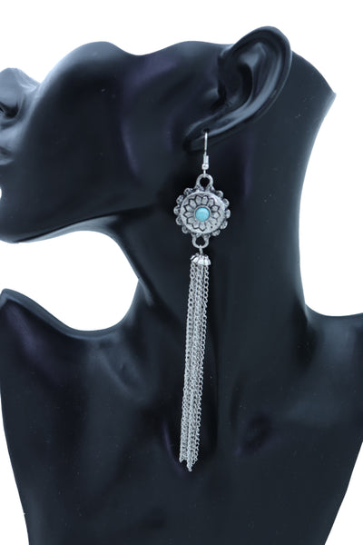 Women Earrings Set Fashion Jewelry Long Silver Metal Tassel Chains Flower Charm Turquoise Blue Bead
