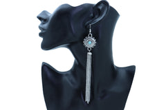 Women Earrings Set Long Silver Metal Tassel Chains Flower Charm Turquoise Blue Bead