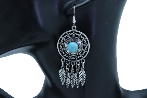 Women Earrings Set Fashion Jewelry Antique Silver Metal Feathers Turquoise Blue Indian Style