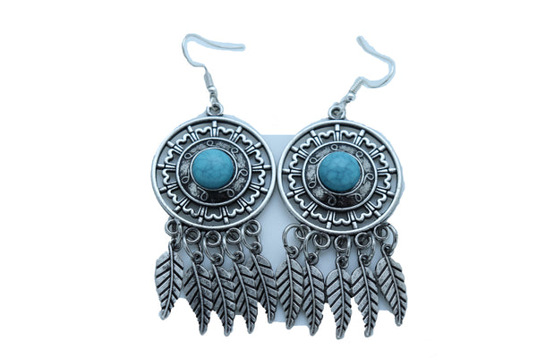 Women Earrings Set Fashion Jewelry Antique Silver Metal Feathers Turquoise Blue Indian Style