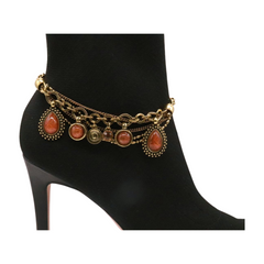 Gold Boot Chain Bracelet Western Shoe Anklet Brown Bead Charm Multi Strand