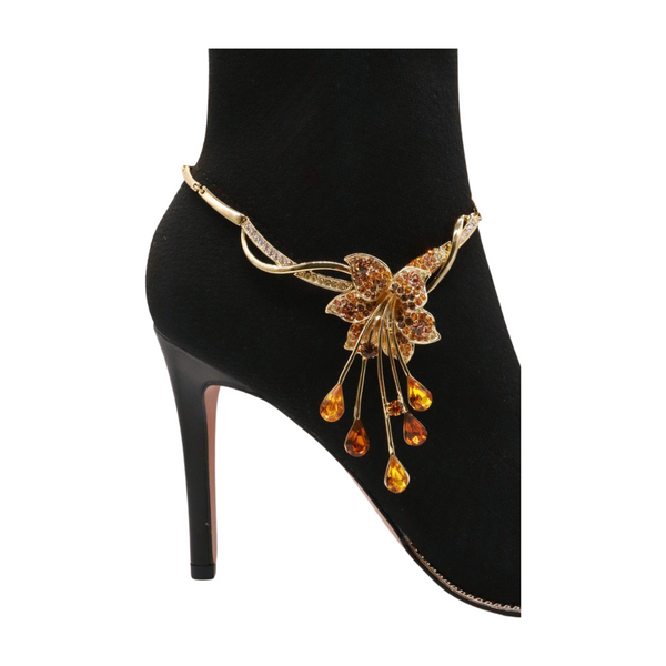 Brand New Women Gold Metal Chain Boot Bracelet Shoe Lily Flower Charm