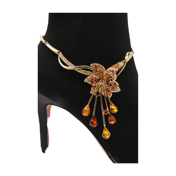 Brand New Women Gold Metal Chain Boot Bracelet Shoe Lily Flower Charm