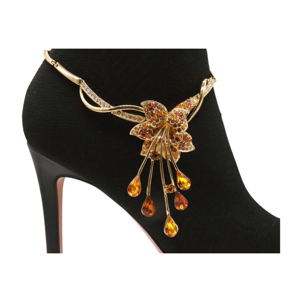 Brand New Women Gold Metal Chain Boot Bracelet Shoe Lily Flower Charm