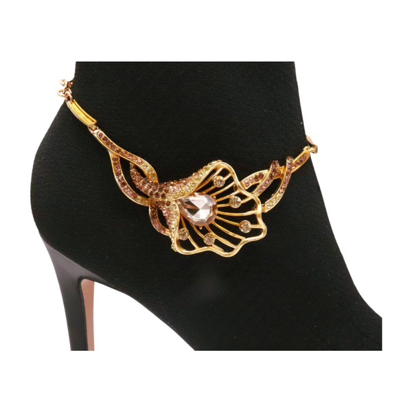 Brand New Women Gold Metal Chain Boot Bracelet Shoe Anklet Lily Flower Charm