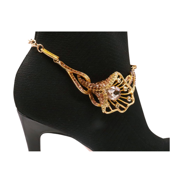 Brand New Women Gold Metal Chain Boot Bracelet Shoe Anklet Lily Flower Charm
