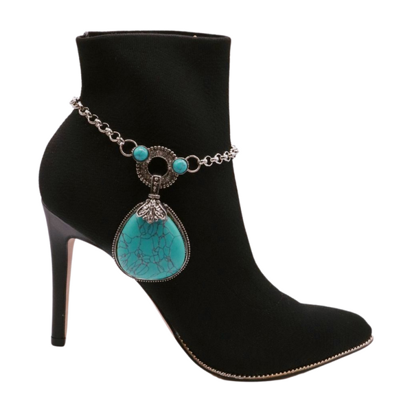 Brand New Women Silver Metal Chain Boot Bracelet Shoe Turquoise Blue Bead Charm Fashion Jewelry