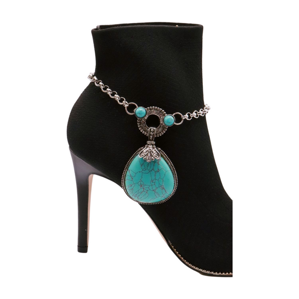 Brand New Women Silver Metal Chain Boot Bracelet Shoe Turquoise Blue Bead Charm Fashion Jewelry