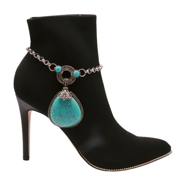 Brand New Women Silver Metal Chain Boot Bracelet Shoe Turquoise Blue Bead Charm Fashion Jewelry