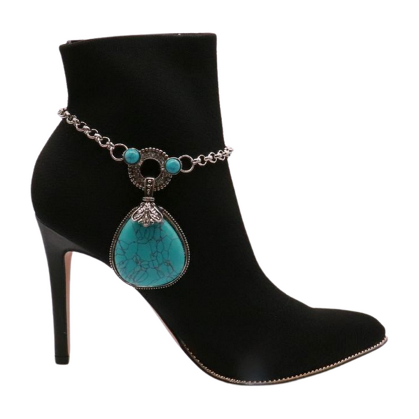 Brand New Women Silver Metal Chain Boot Bracelet Shoe Turquoise Blue Bead Charm Fashion Jewelry