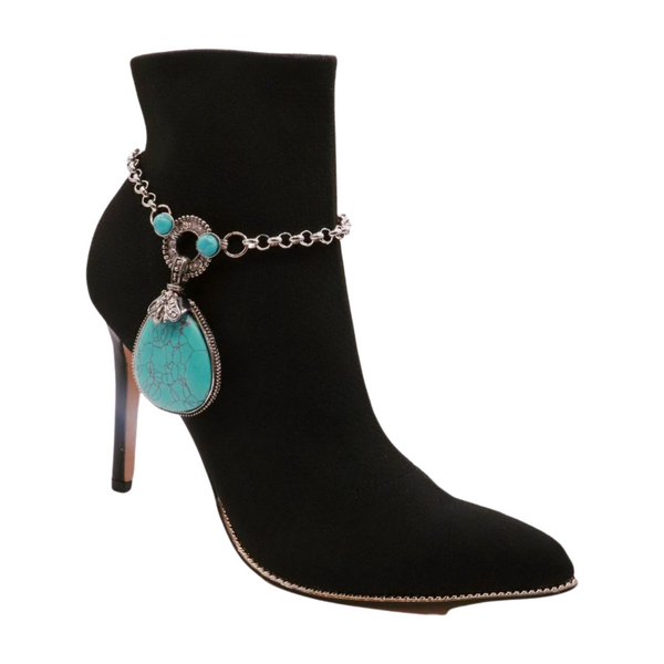 Brand New Women Silver Metal Chain Boot Bracelet Shoe Turquoise Blue Bead Charm Fashion Jewelry