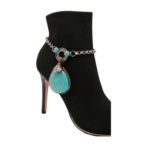 Brand New Women Silver Metal Chain Boot Bracelet Shoe Turquoise Blue Bead Charm Fashion Jewelry