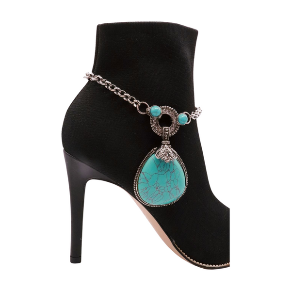 Brand New Women Silver Metal Chain Boot Bracelet Shoe Turquoise Blue Bead Charm Fashion Jewelry