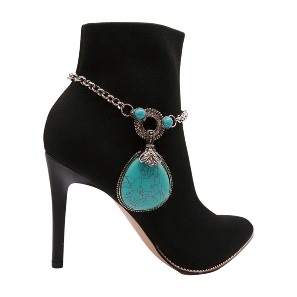 Brand New Women Silver Metal Chain Boot Bracelet Shoe Turquoise Blue Bead Charm Fashion Jewelry