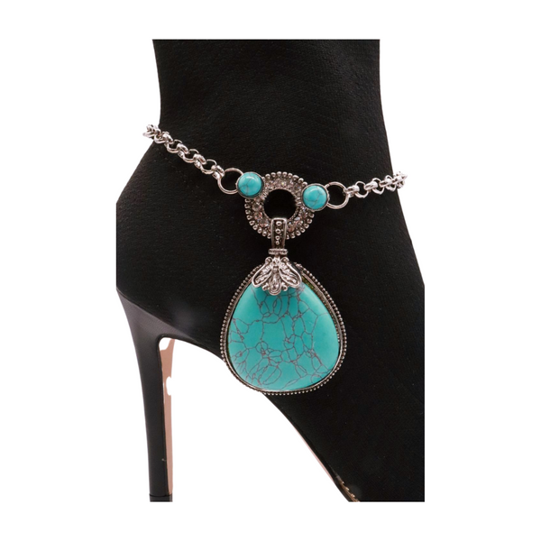 Brand New Women Silver Metal Chain Boot Bracelet Shoe Turquoise Blue Bead Charm Fashion Jewelry