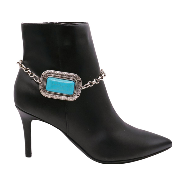Brand New Women Silver Metal Chain Western Boot Bracelet Anklet Shoe Turquoise Blue Color Ethnic Charm