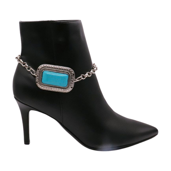 Brand New Women Silver Metal Chain Western Boot Bracelet Anklet Shoe Turquoise Blue Color Ethnic Charm