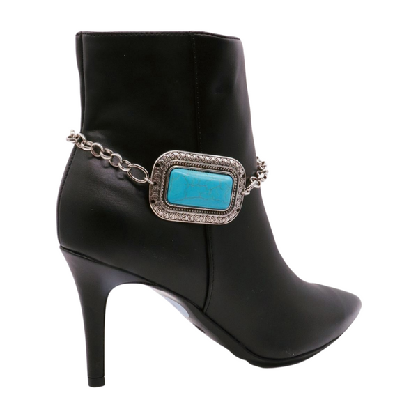 Brand New Women Silver Metal Chain Western Boot Bracelet Anklet Shoe Turquoise Blue Color Ethnic Charm