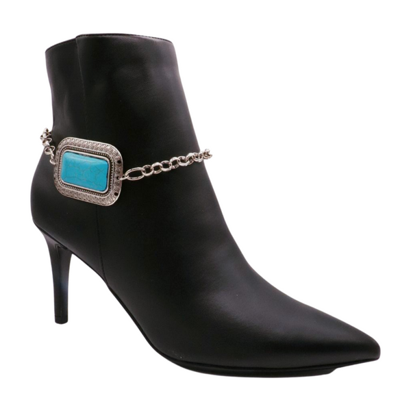 Brand New Women Silver Metal Chain Western Boot Bracelet Anklet Shoe Turquoise Blue Color Ethnic Charm