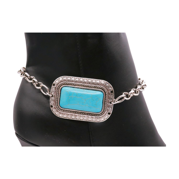 Brand New Women Silver Metal Chain Western Boot Bracelet Anklet Shoe Turquoise Blue Color Ethnic Charm