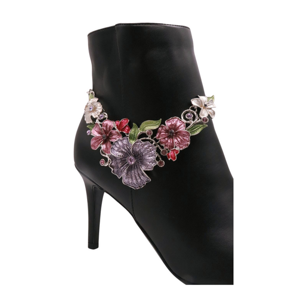 Brand New Women Silver Metal Chain Boot Bracelet Anklet Shoe Flowers Charm Lavender