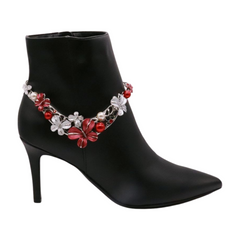 Silver Metal Chain Boot Bracelet Anklet Shoe Butterfly Charm Red