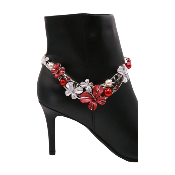 Brand New Women Silver Metal Chain Boot Bracelet Anklet Shoe Butterfly Charm Red