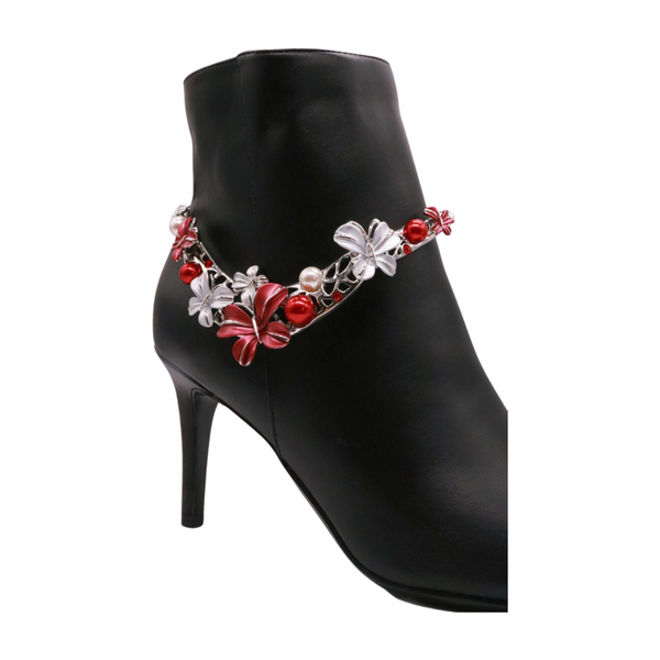 Brand New Women Silver Metal Chain Boot Bracelet Anklet Shoe Butterfly Charm Red