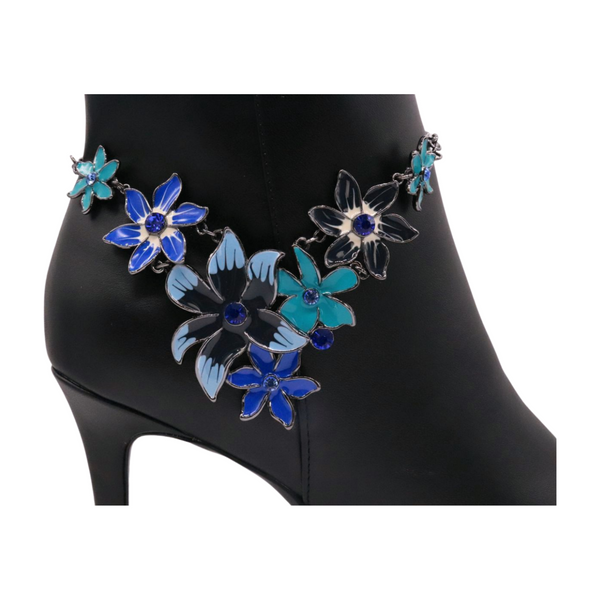 Brand New Women Metal Chain Boot Bracelet Anklet Shoe Blue Flower Charm Jewelry One Size