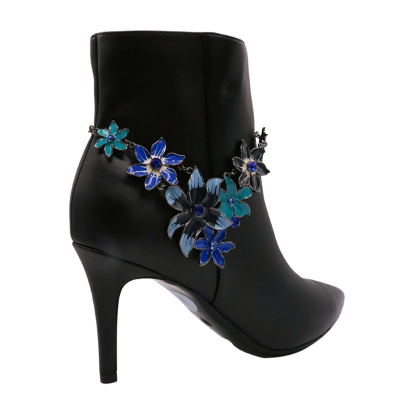 Brand New Women Metal Chain Boot Bracelet Anklet Shoe Blue Flower Charm Jewelry One Size