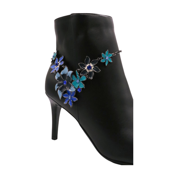 Brand New Women Metal Chain Boot Bracelet Anklet Shoe Blue Flower Charm Jewelry One Size