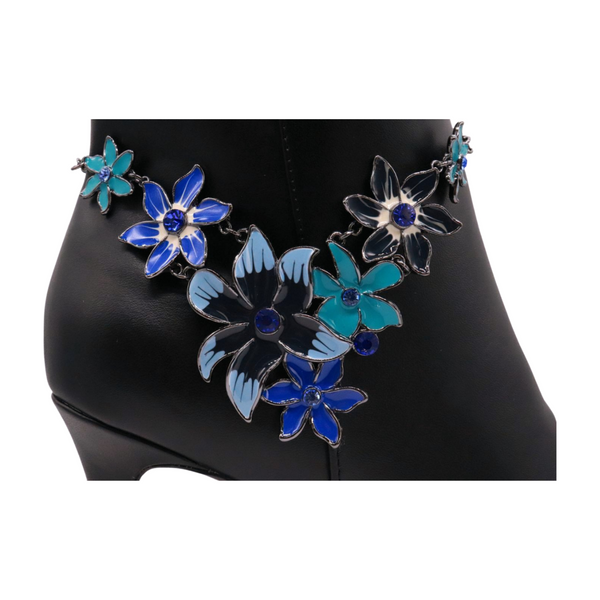 Brand New Women Metal Chain Boot Bracelet Anklet Shoe Blue Flower Charm Jewelry One Size